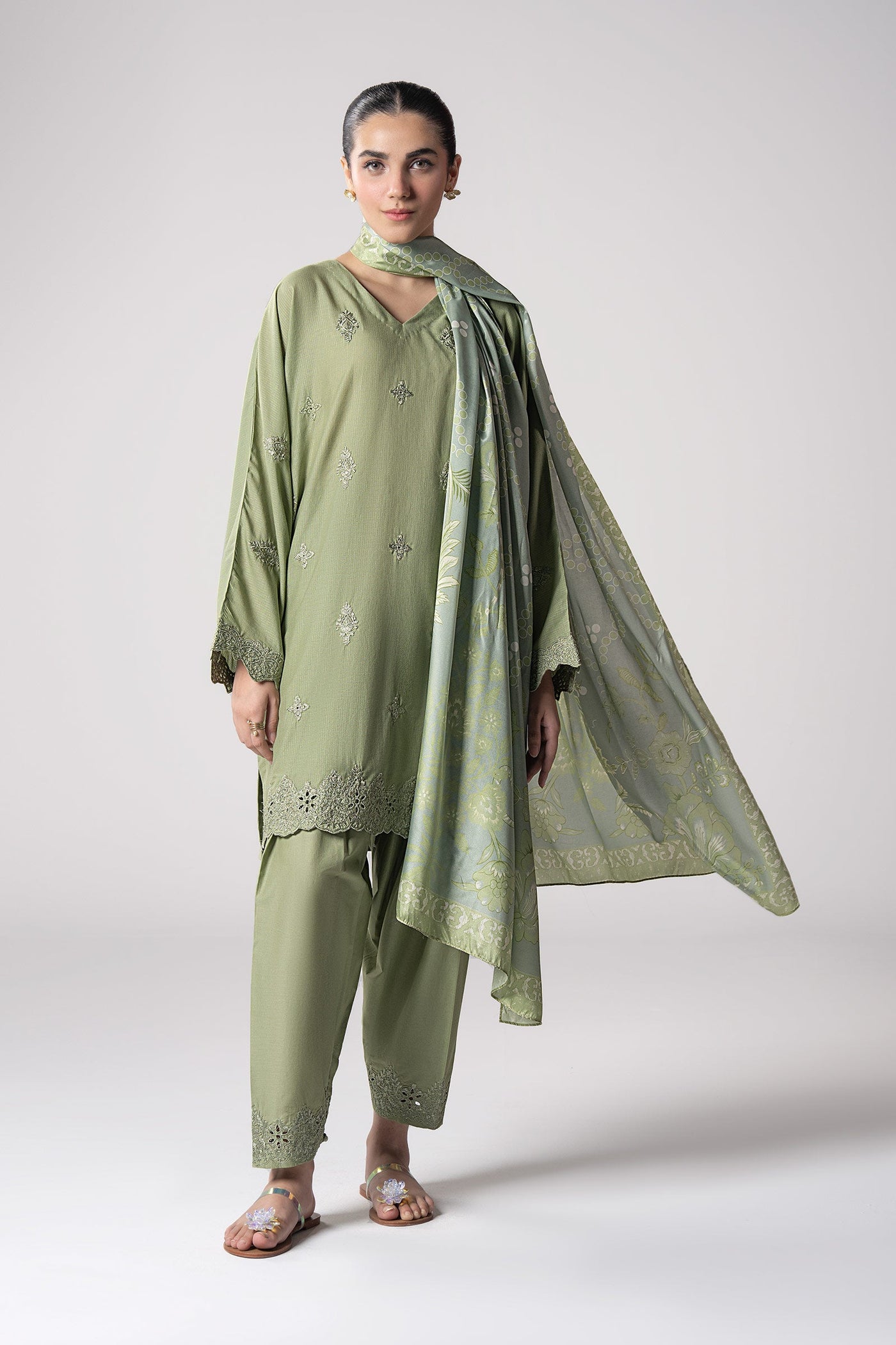 3 Pc Embroidered Lurex Stripe Suit | MB-CS25-143