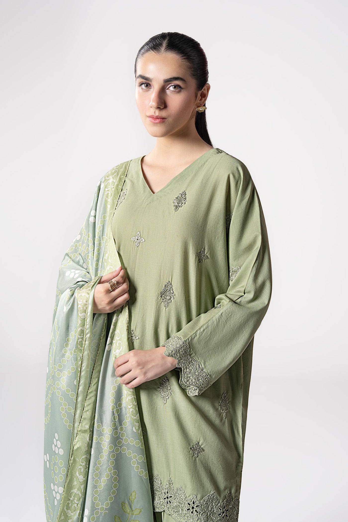 3 Pc Embroidered Lurex Stripe Suit