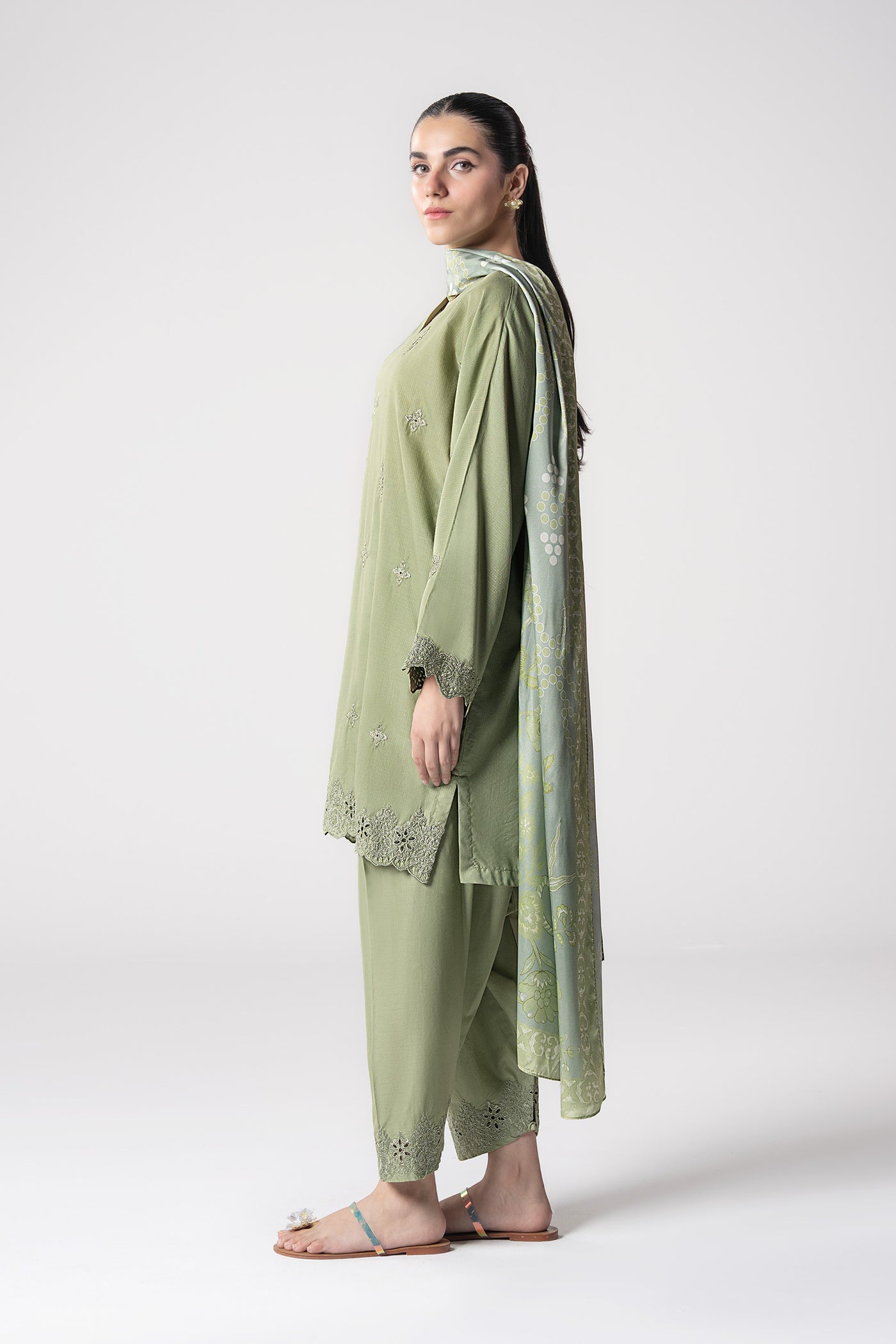 3 Pc Embroidered Lurex Stripe Suit
