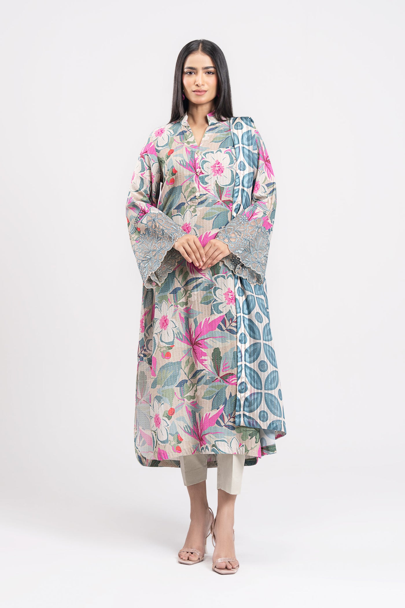 2 Pc Embroidered Lurex Cotton Suit