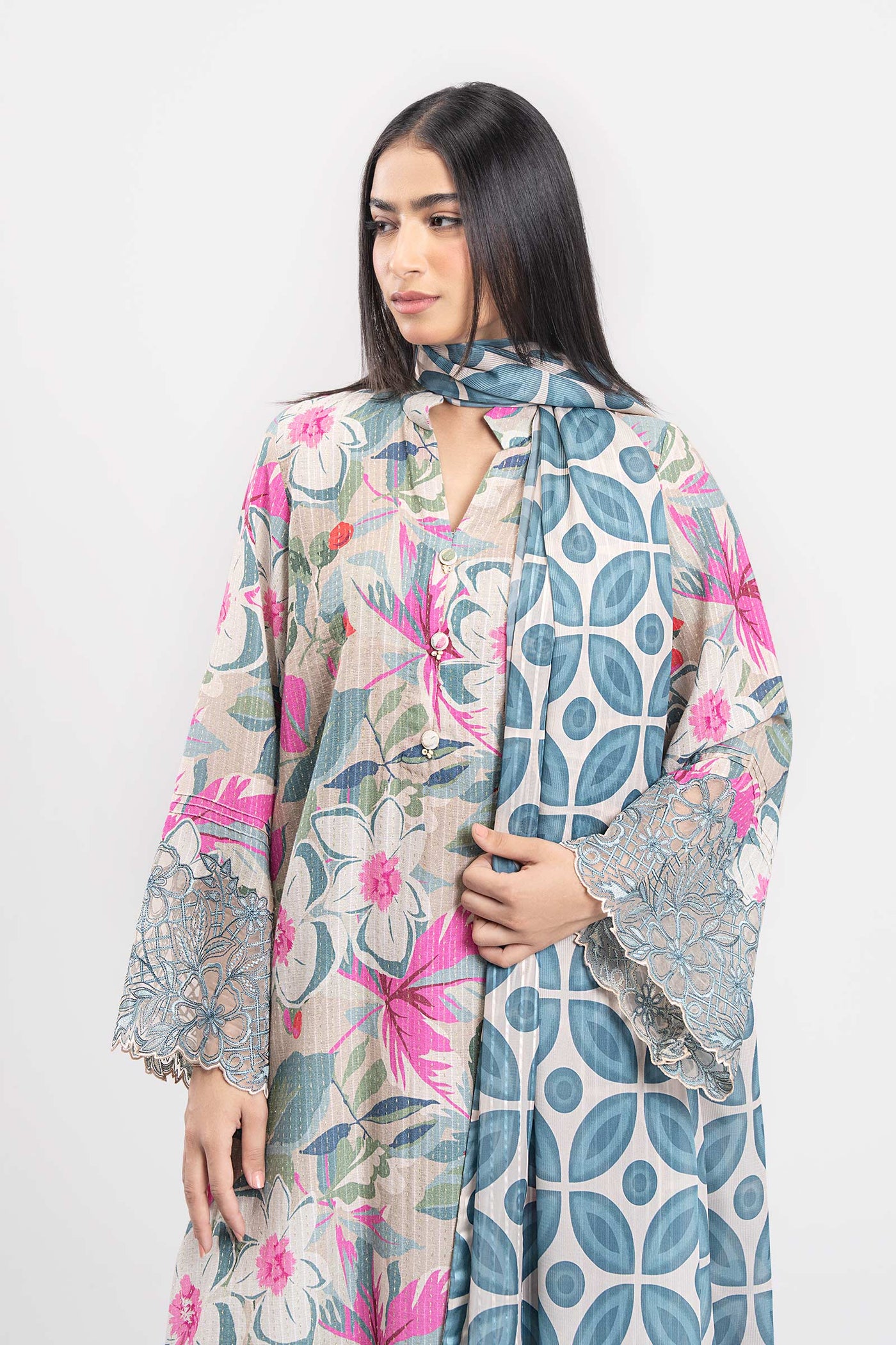 2 Pc Embroidered Lurex Cotton Suit