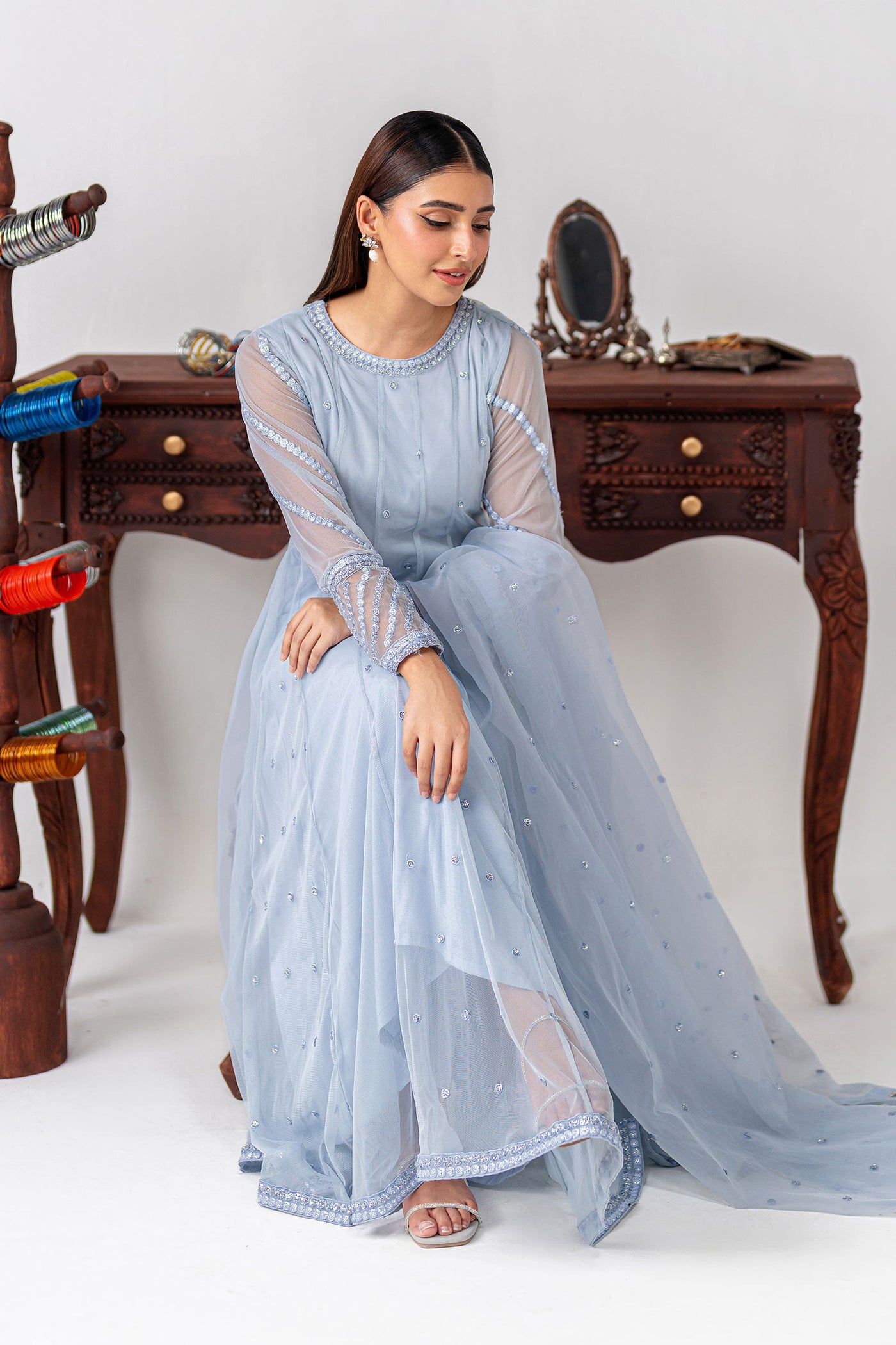 3 Piece Embroidered Poly Net Suit