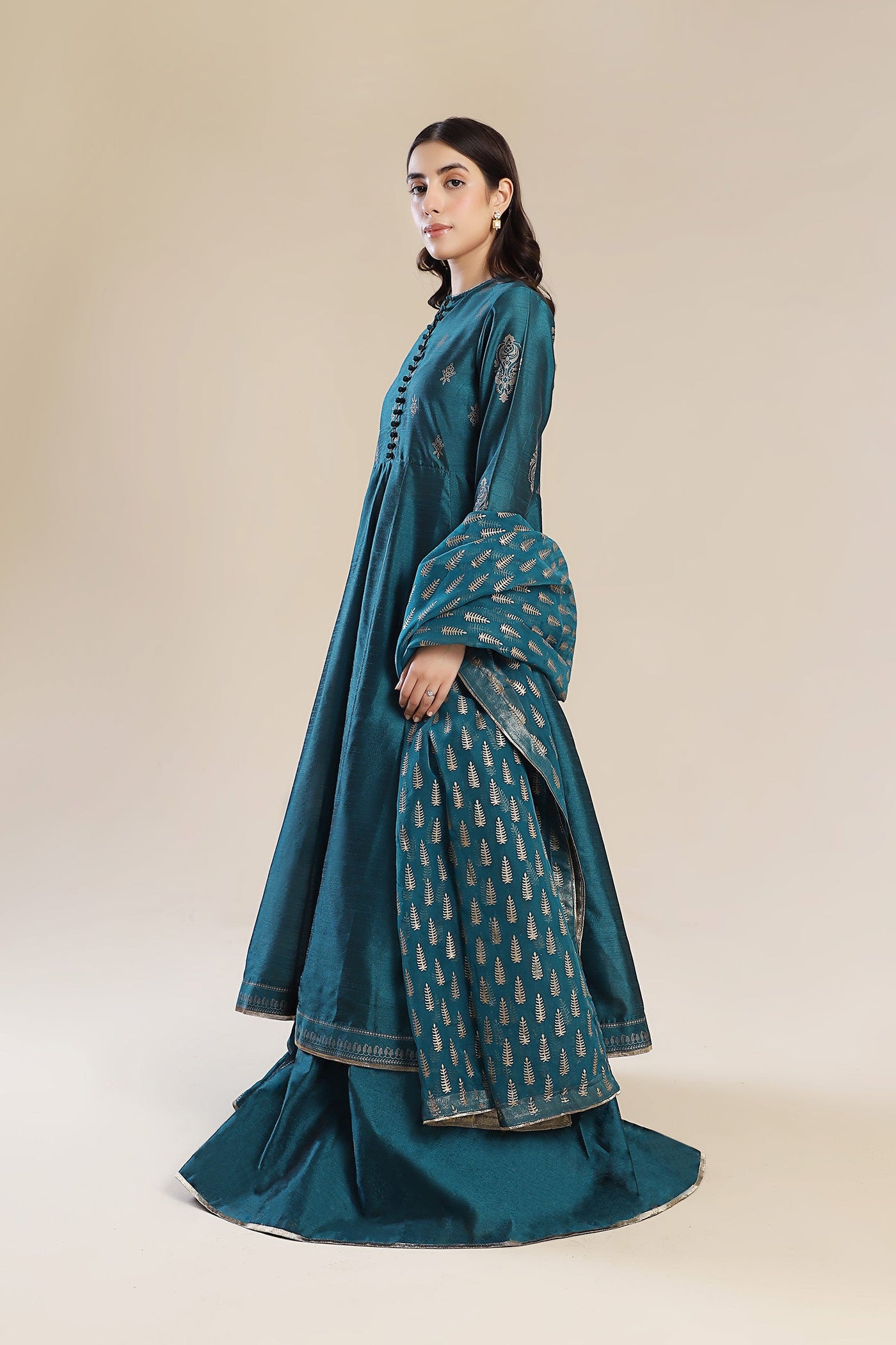 3 Pc Printed Raw Silk Suit
