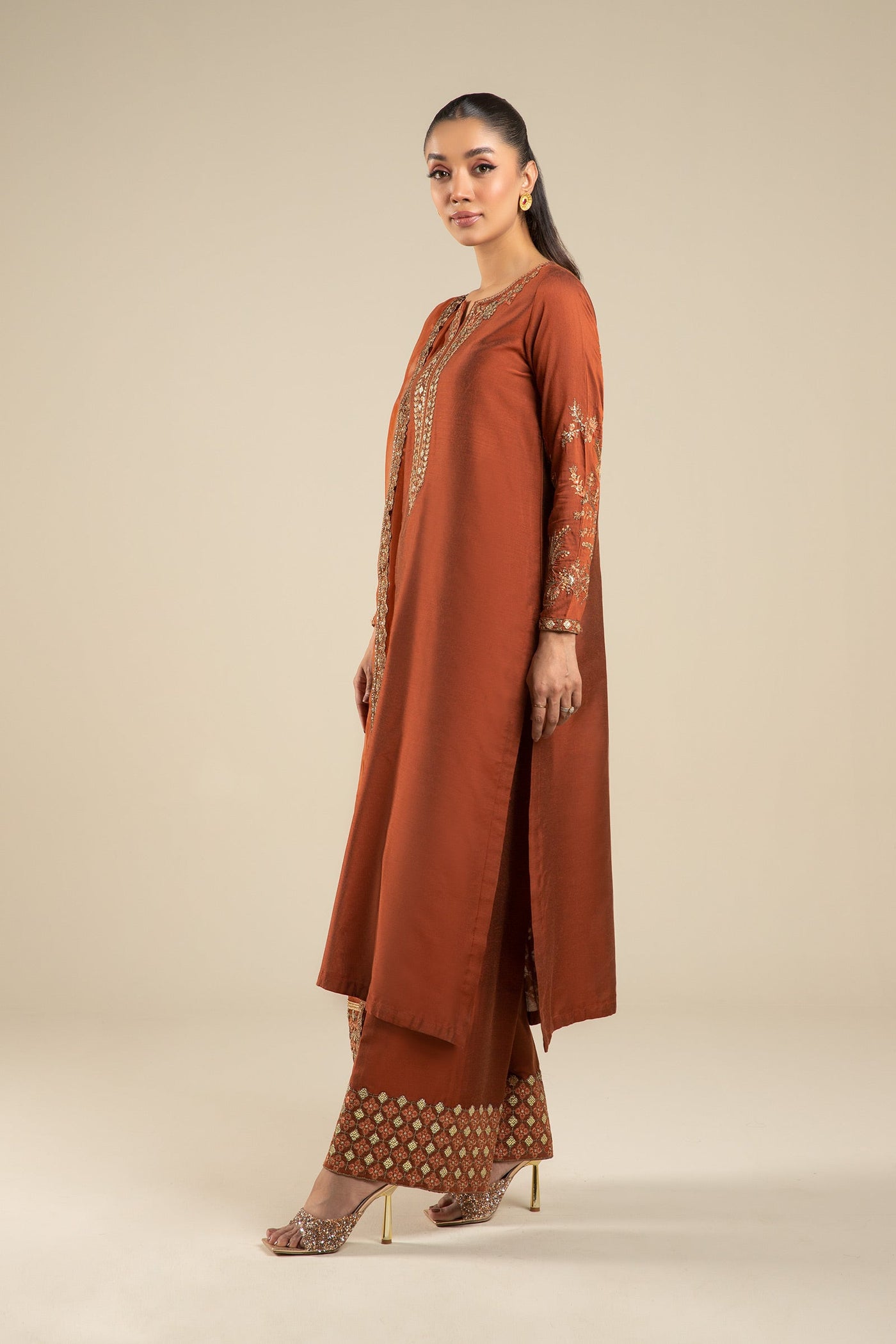 3 Pc Embroidered Two Tone Silk Suit