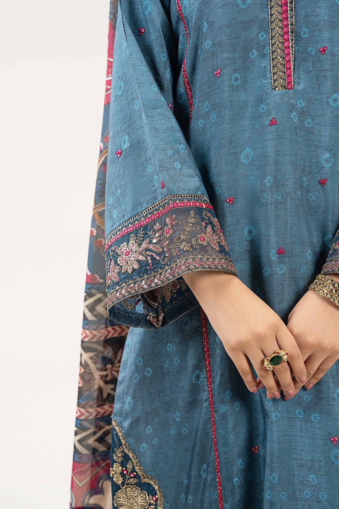3 Pc Embroidered Raw Silk Suit