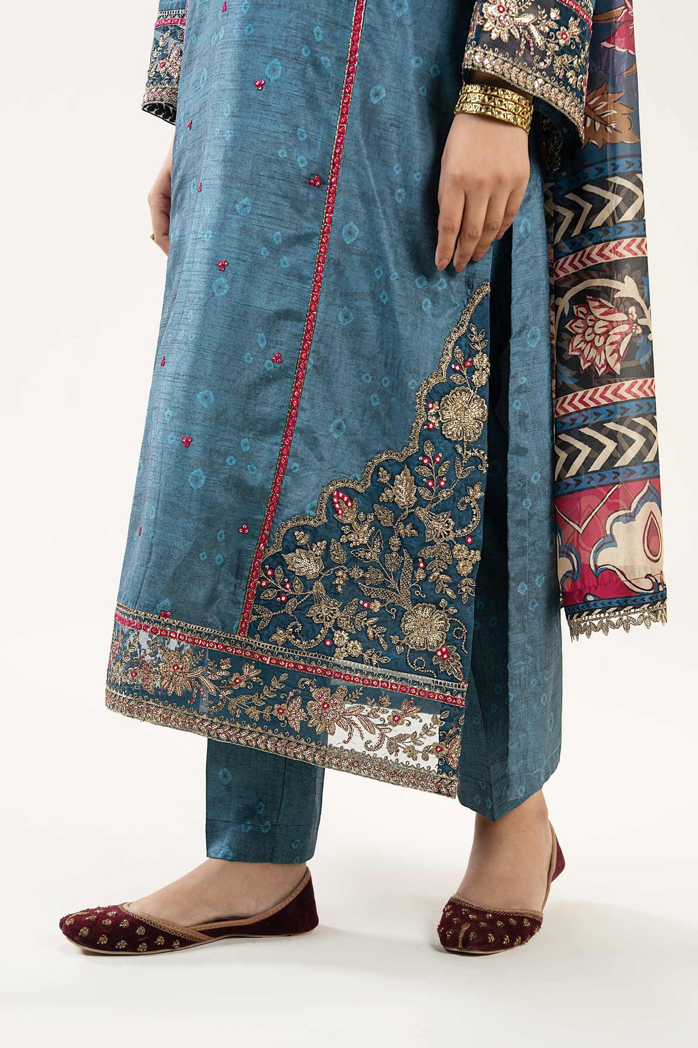 3 Pc Embroidered Raw Silk Suit