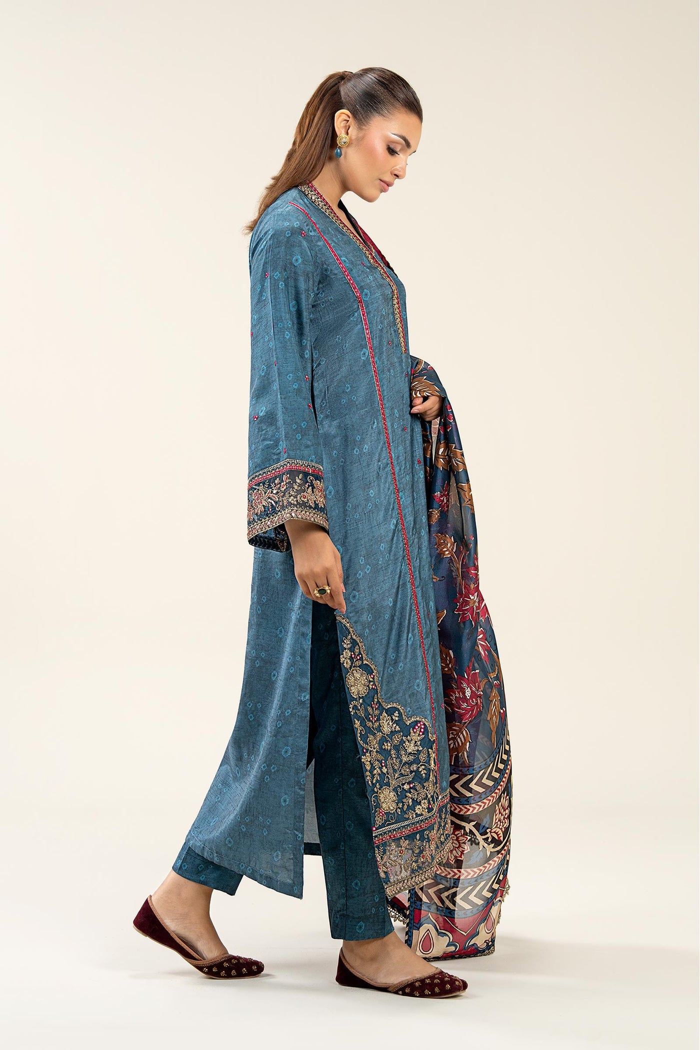 3 Pc Embroidered Raw Silk Suit