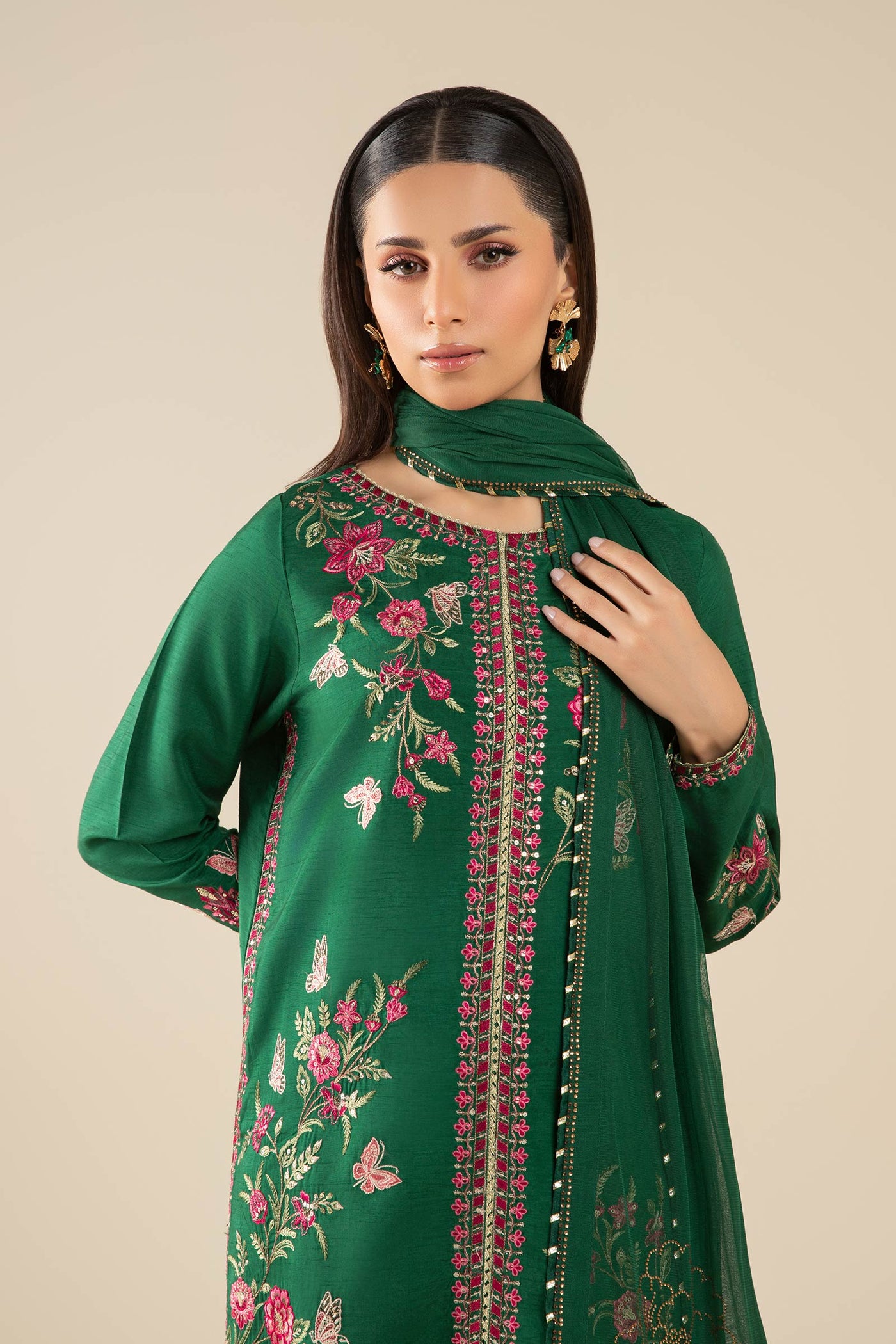 3 Pc Embroidered Raw Silk Suit