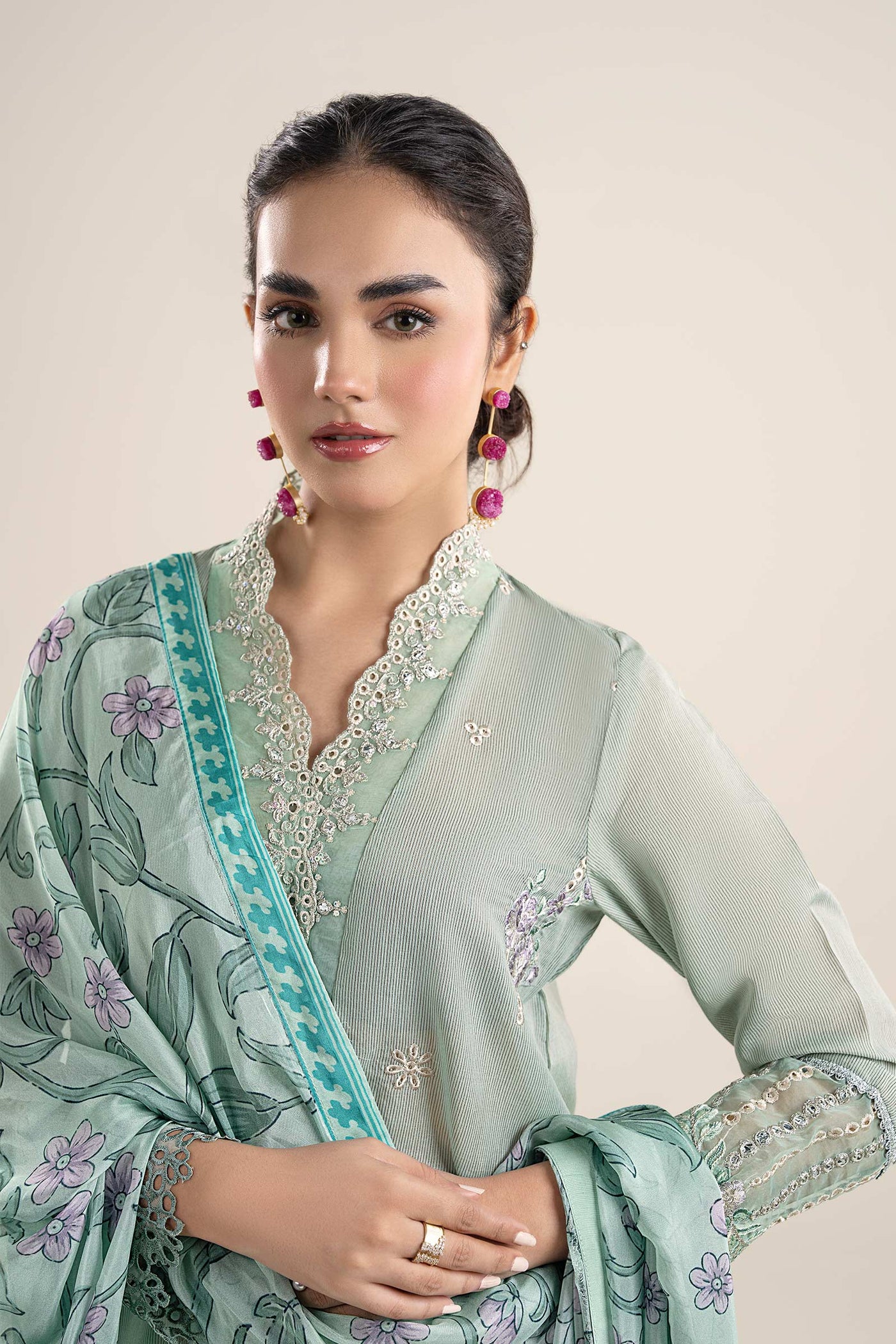 3 Pc Embroidered Lurex Pinstripe Suit