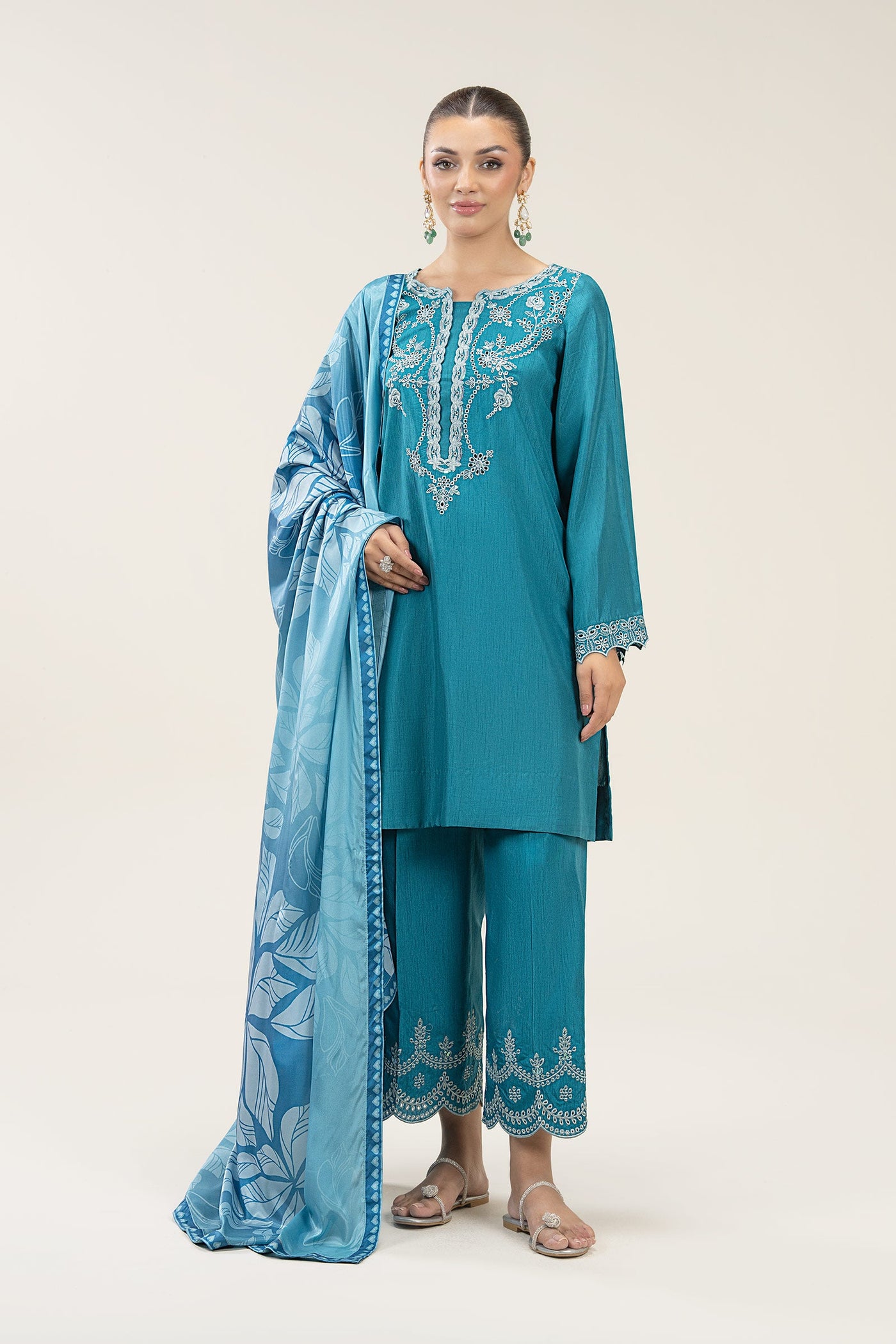 3 Pc Embroidered Bamberg Raw Silk Suit