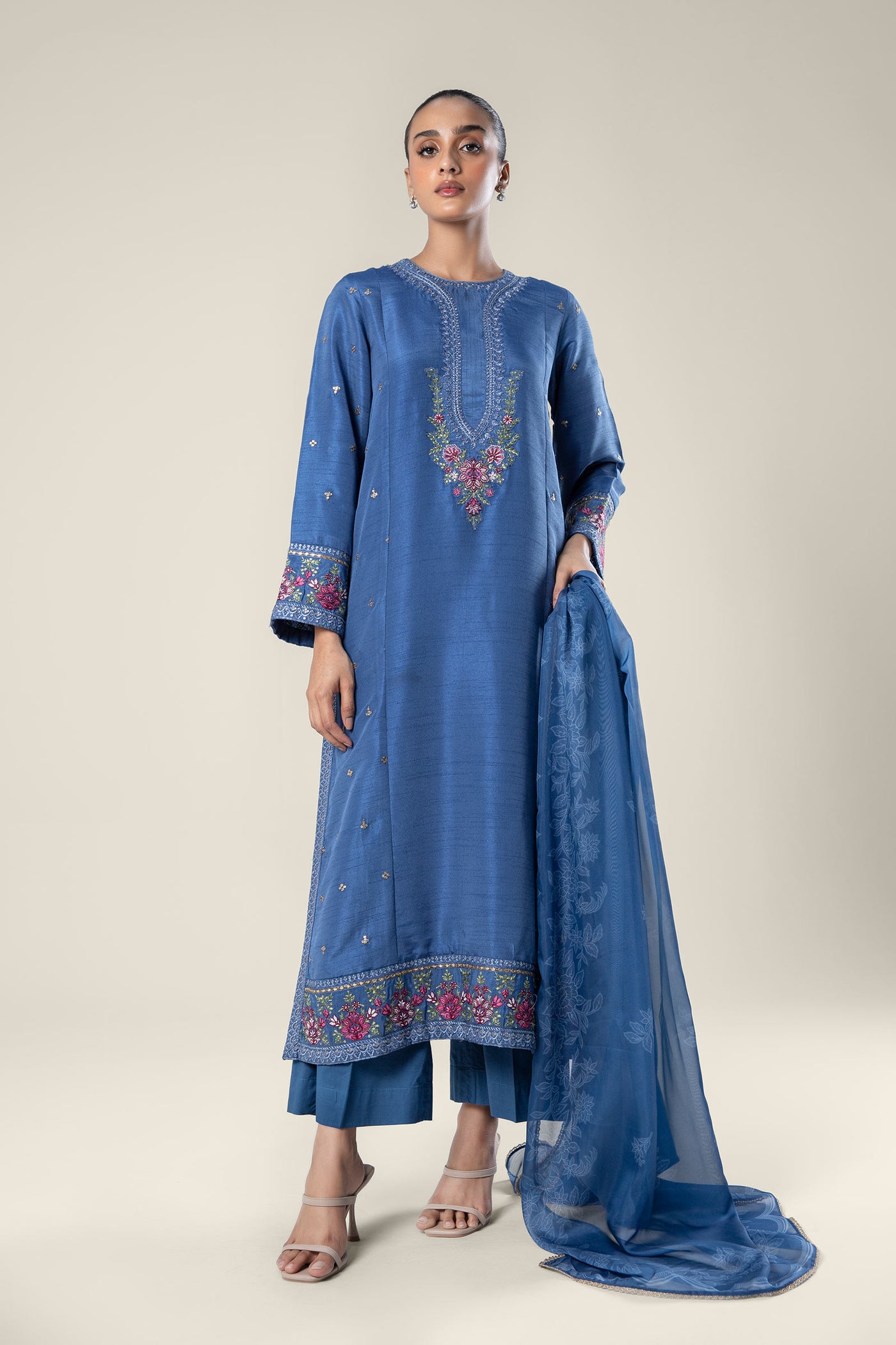 2 Pc Embroidered Raw Silk Suit