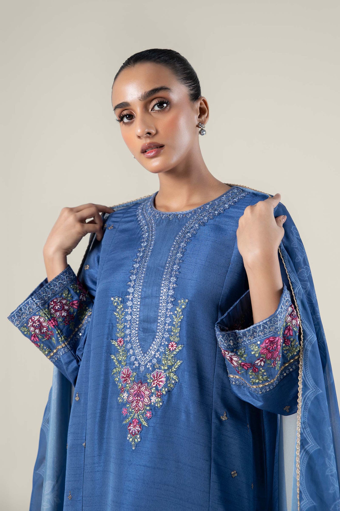 2 Pc Embroidered Raw Silk Suit