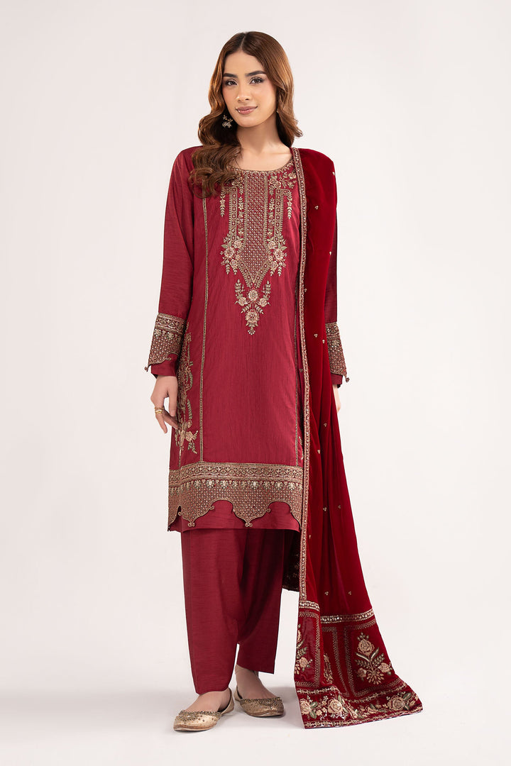 3 Pc Embroidered Raw Silk Suit Formal MBPW602-ESM-MRN