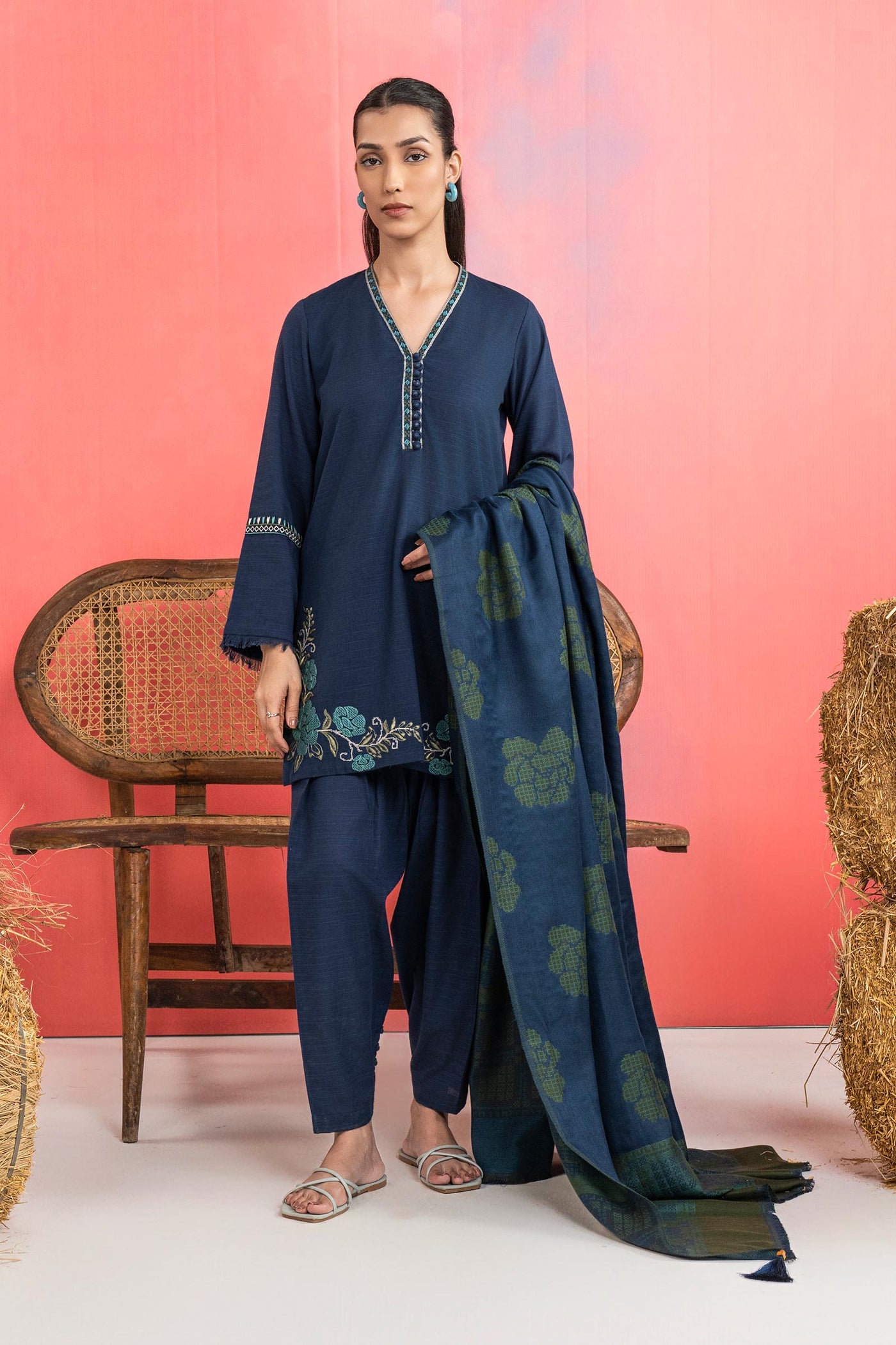 3 Pc Embroidered Slub Khaddar Suit