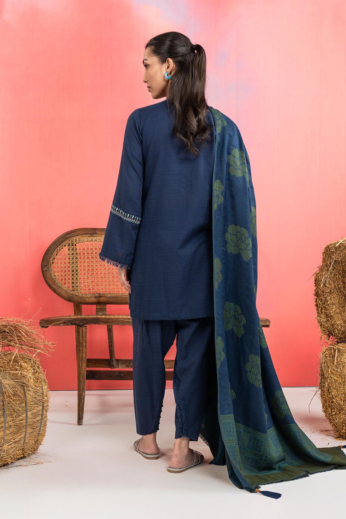 3 Pc Embroidered Slub Khaddar Suit