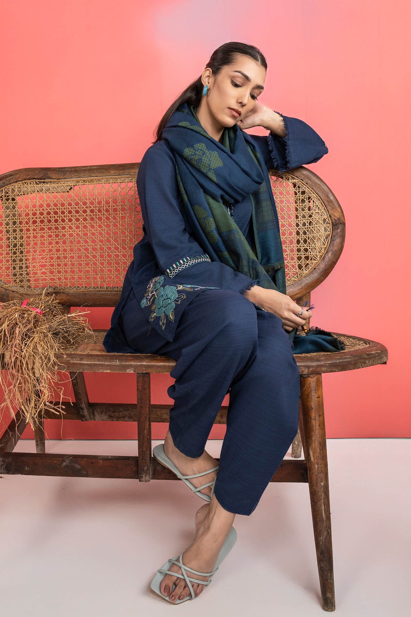 3 Pc Embroidered Slub Khaddar Suit
