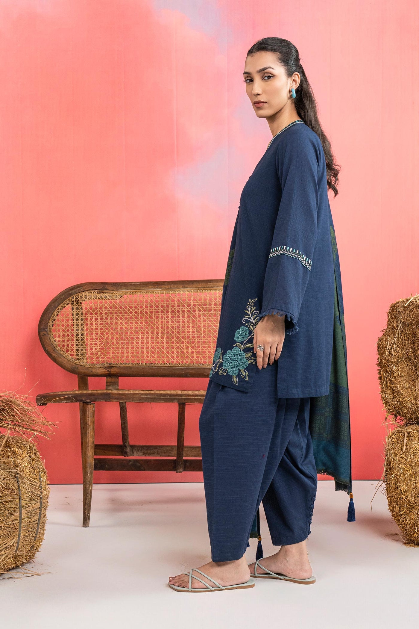 3 Pc Embroidered Slub Khaddar Suit