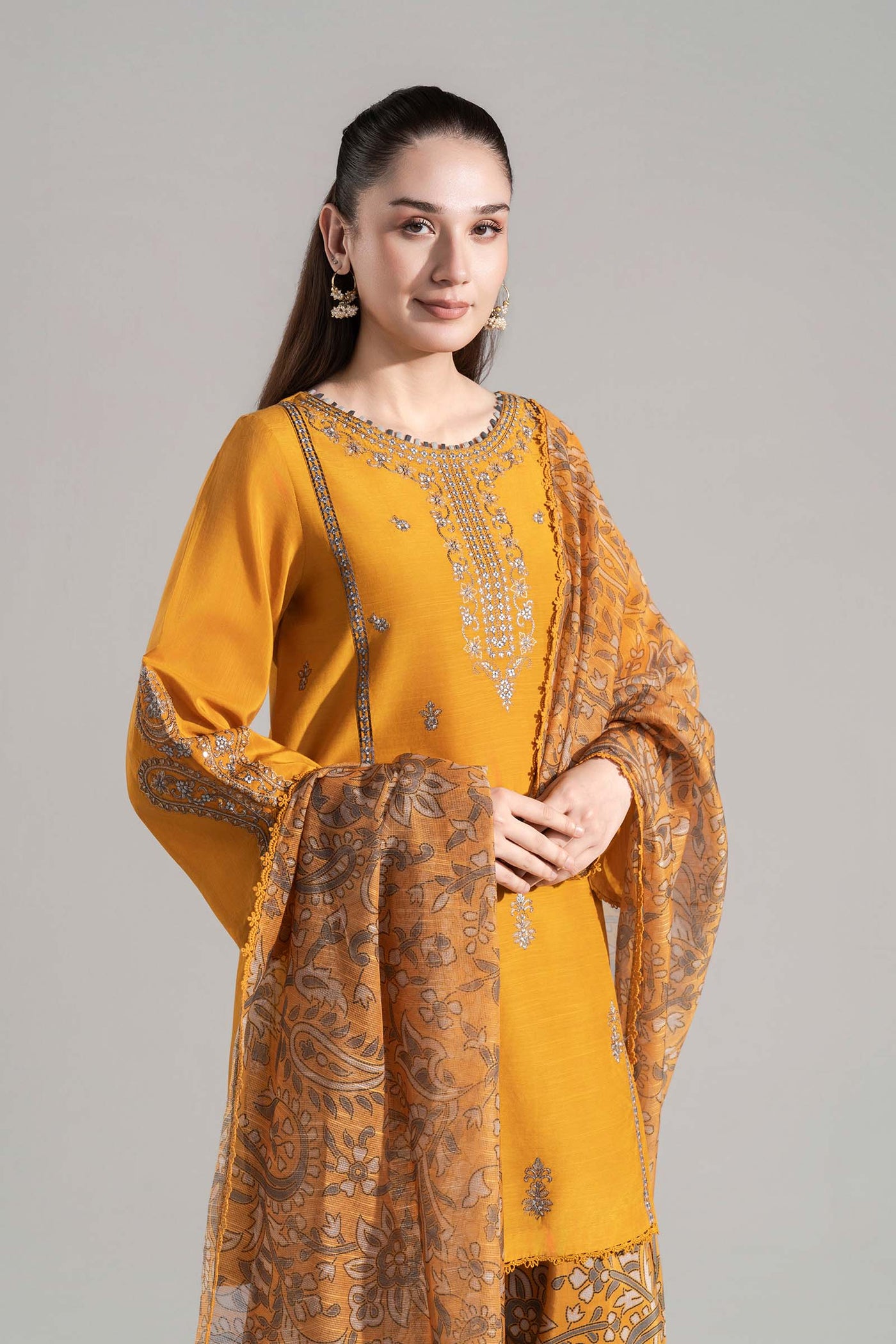 3 Pc Embroidered Shiny Silk Slub Suit