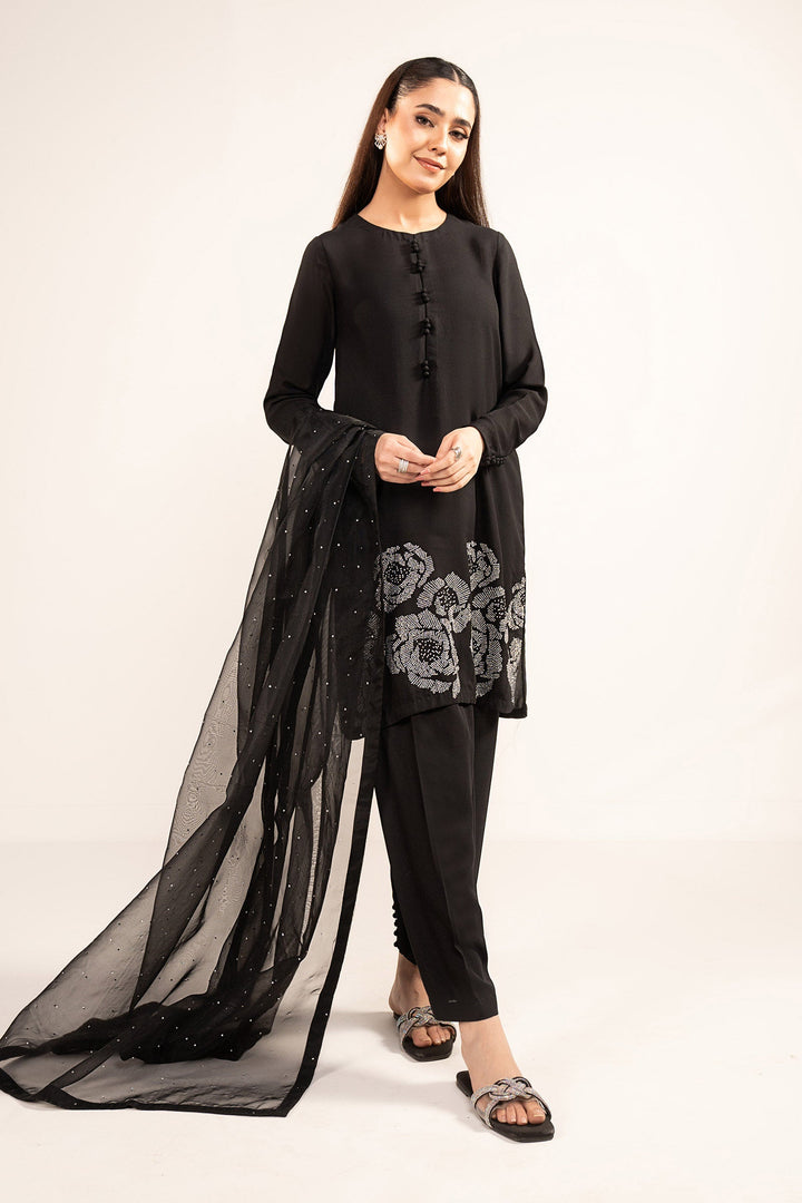3 Pc Embellished Raw Silk Suit Formal MBW2508-ESM-BLK