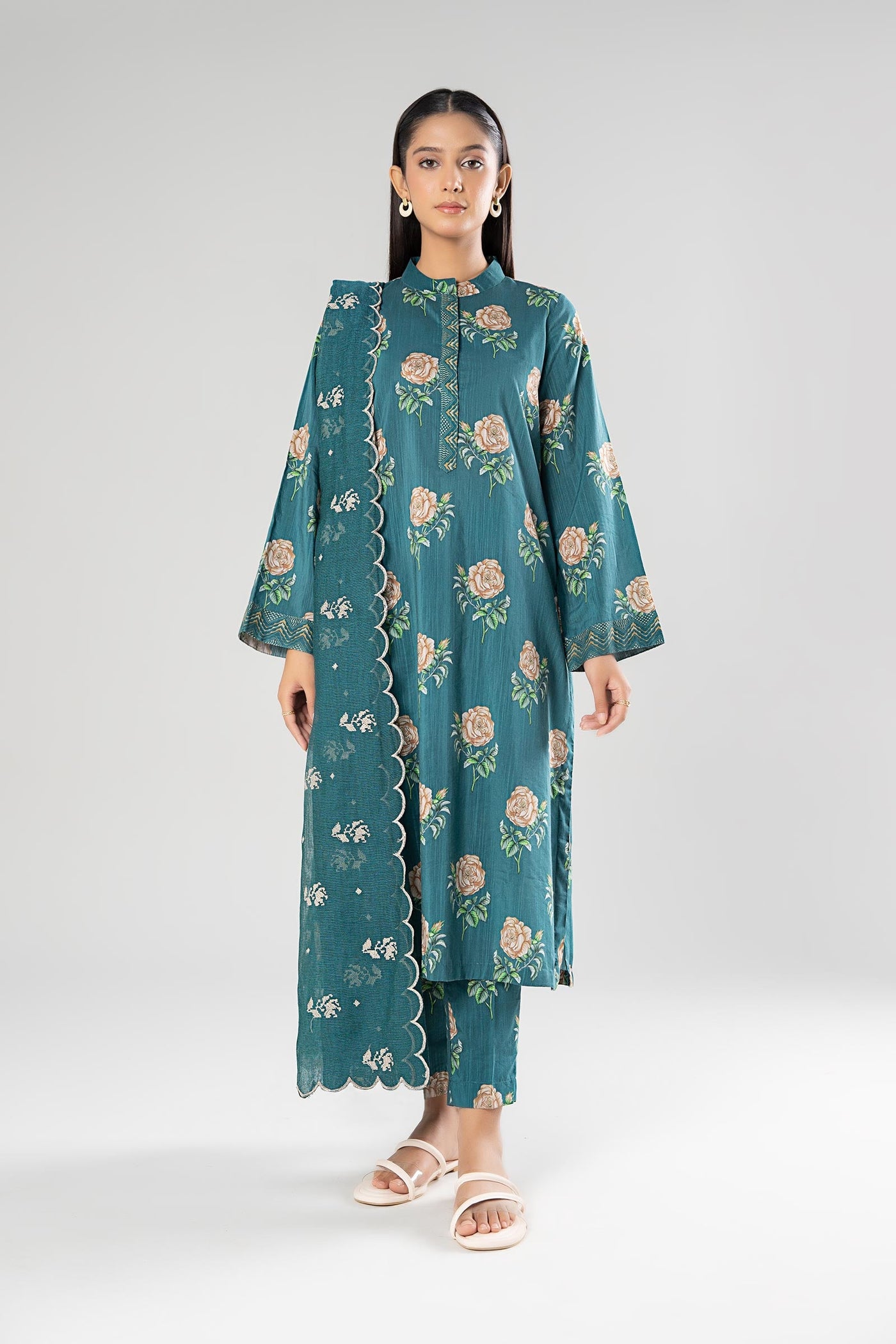 3 Pc Embroidered Slub Suit