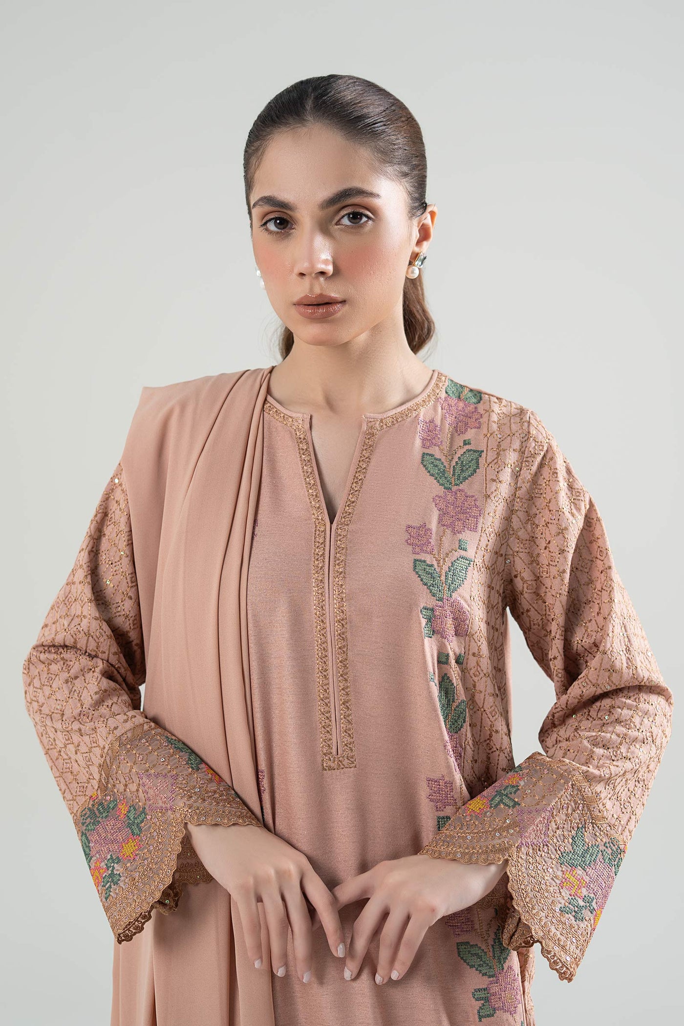 3 Pc Embroidered Karandi Suit