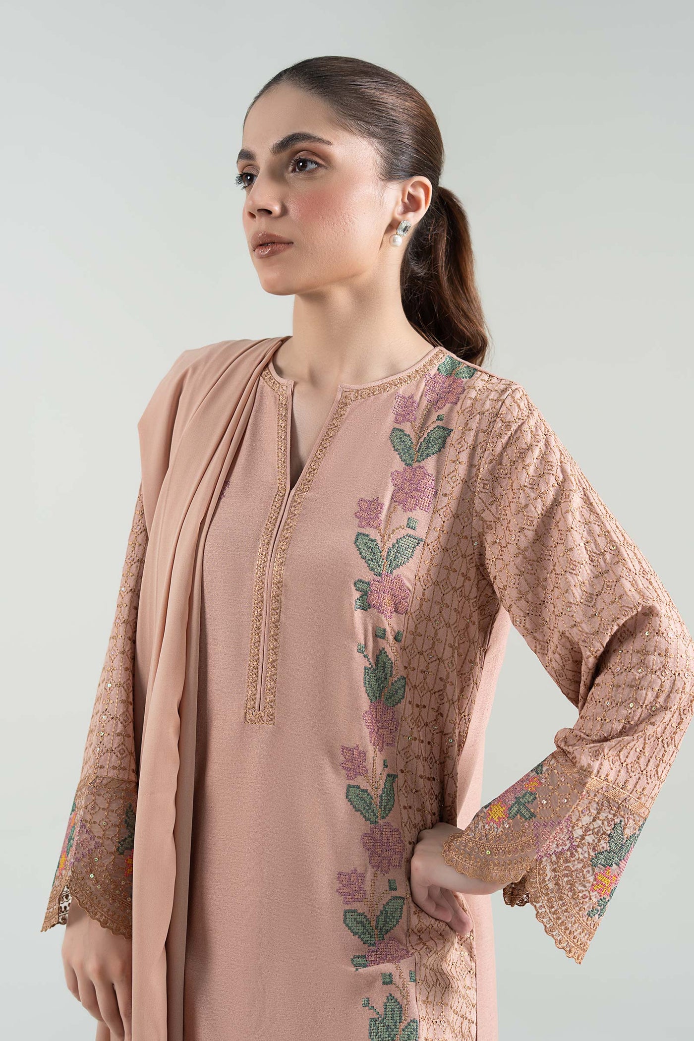 3 Pc Embroidered Karandi Suit