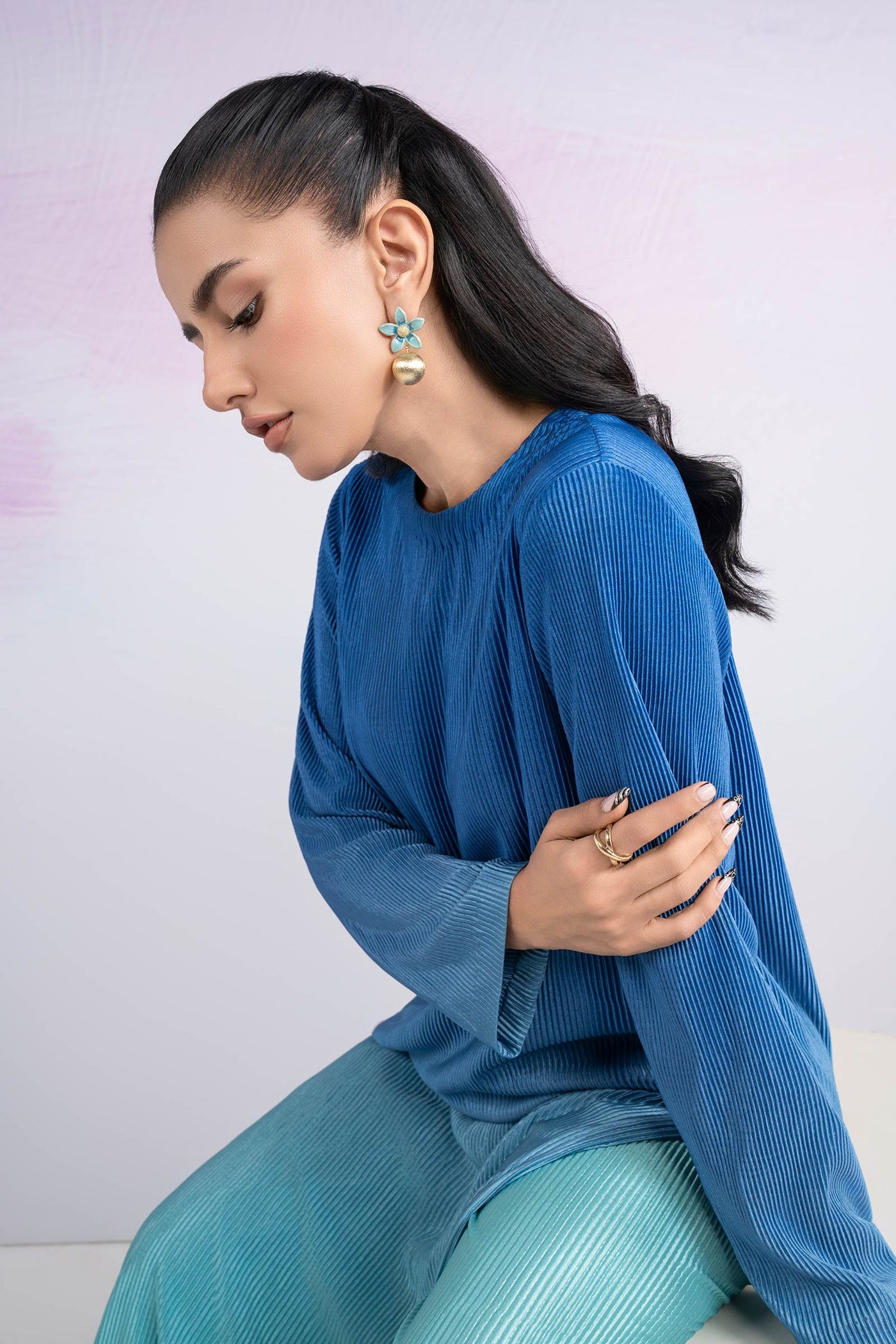 2 Pc Dyed Pleated Silk Striped Suit